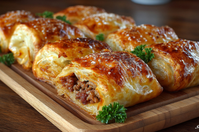 Пачка слоеного теста и 400 г фарша &mdash; через 25 минут на столе конверты: хрустящие, слоистые, с пикантной начинкой, вкуснее пирожков